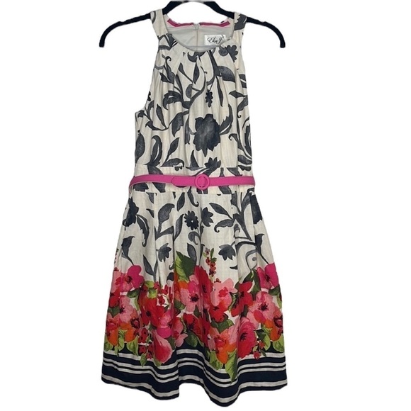 Eliza J. Multi Floral Print Fit Flare Sleeveless Belted Dress Sz 0 - Picture 1 of 8